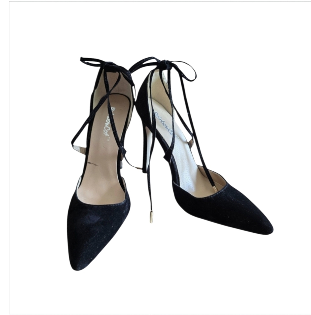 Classic Black Criss Cross Tie Back Stiletto Heels for Formal Wear, Size